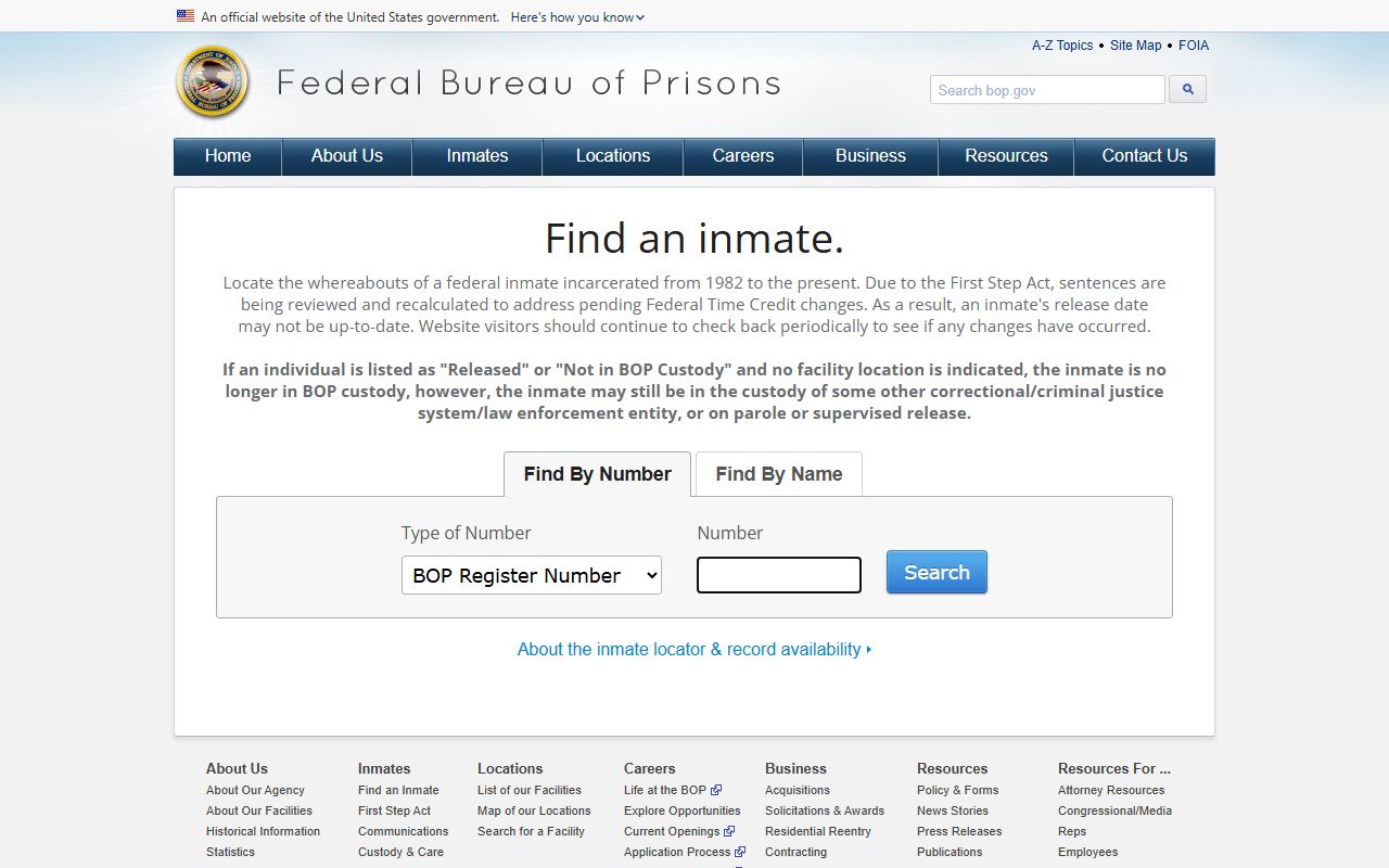 BOP federal inmate search fields for Federal Correctional Institution Milan