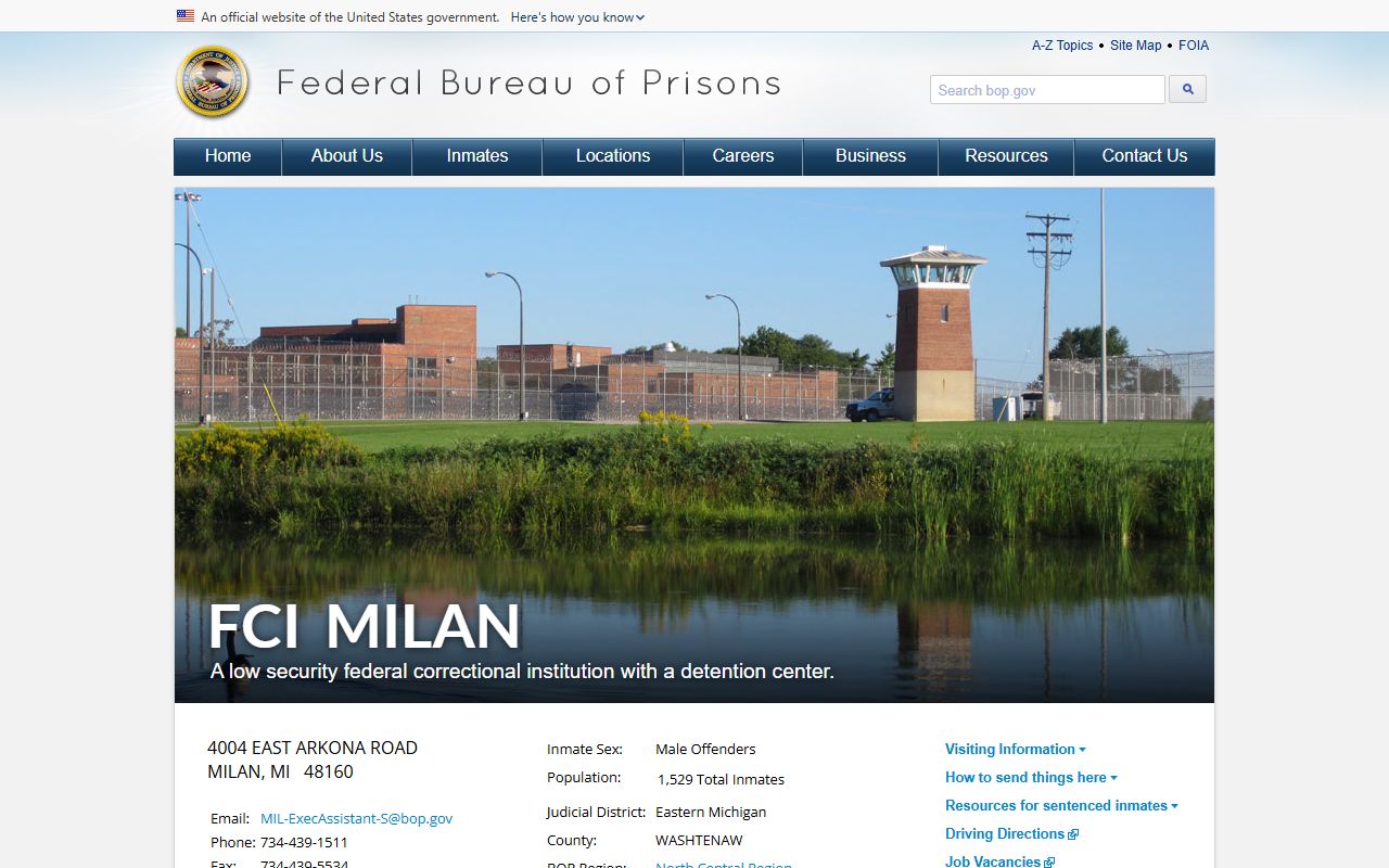 Federal Correctional Institution Milan federal inmate search facility page