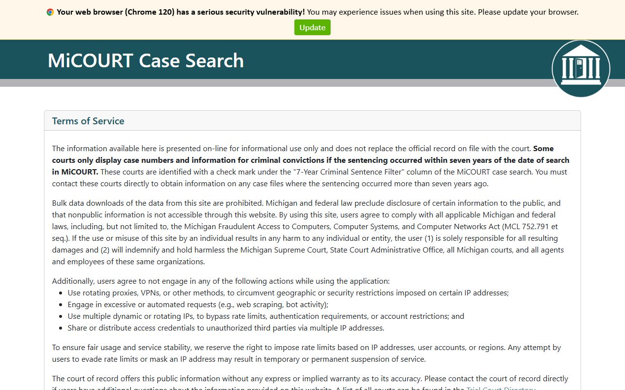 Monroe County court records after jail arrest MiCOURT case search page
