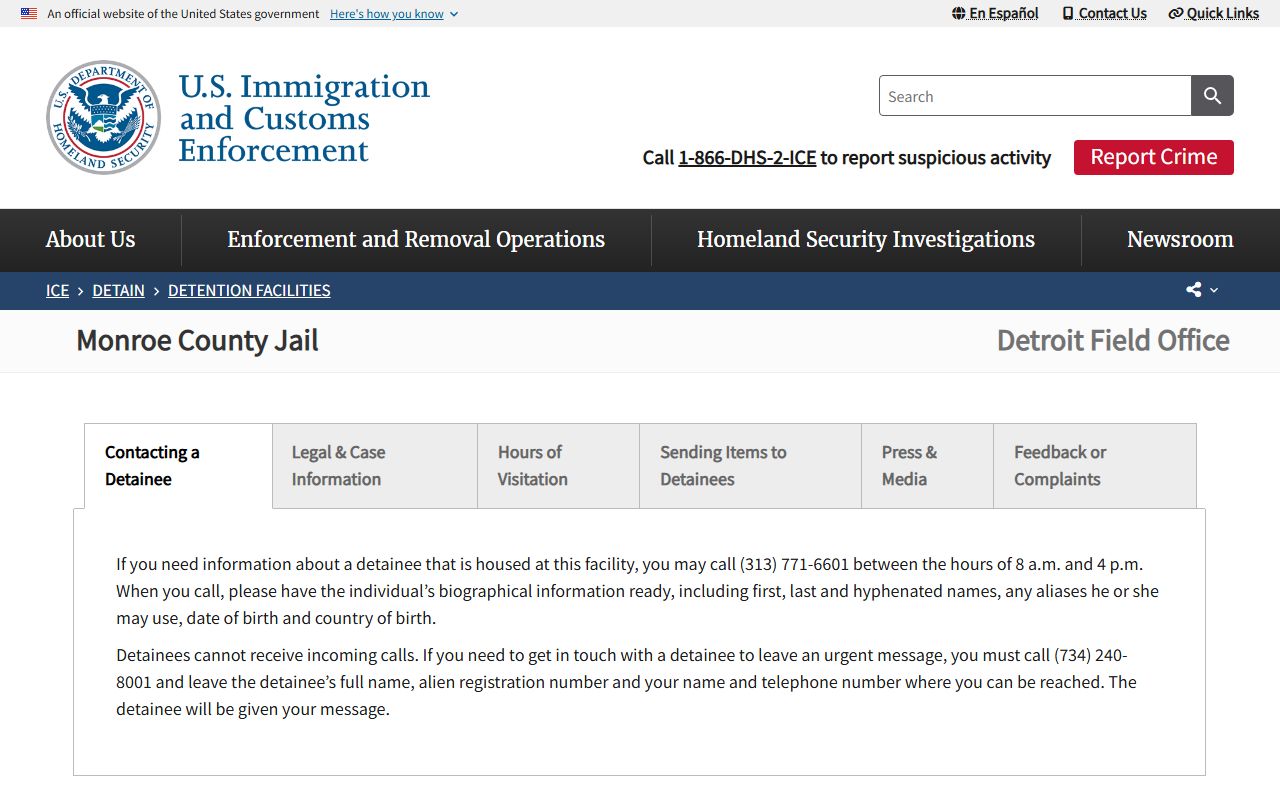 Monroe County Jail ICE detention detainee lookup facility page